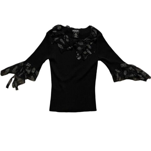 Black Wool Blend Ribbed Knit Glittery Ruffle Tulle Trim Sweater Size Small - Picture 1 of 5